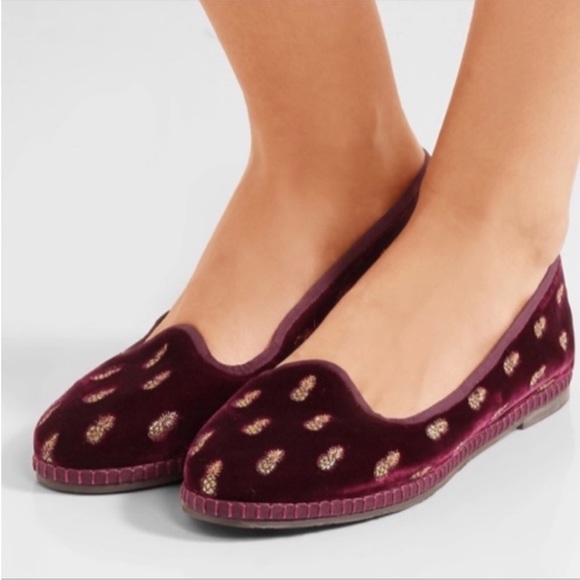 Aquazzura Shoes - Aquazzura Maroon Velvet Embroidered Golden Pineapple Print Slip-On Ballet Flats